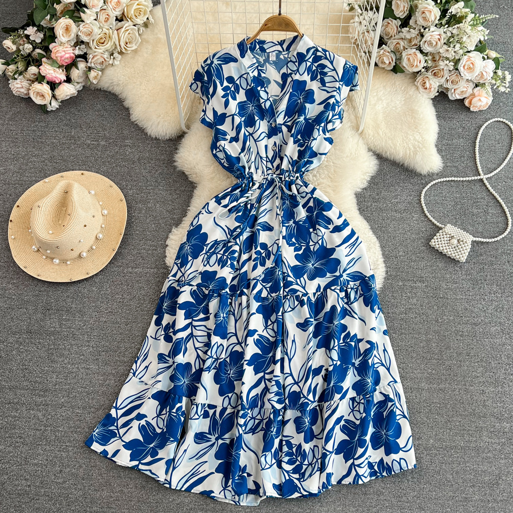 High end feeling, light luxury temperament, flying sleeves, V-neck, waist cinching, slimming effect, A-line ruffle print dress, elegant long skirt