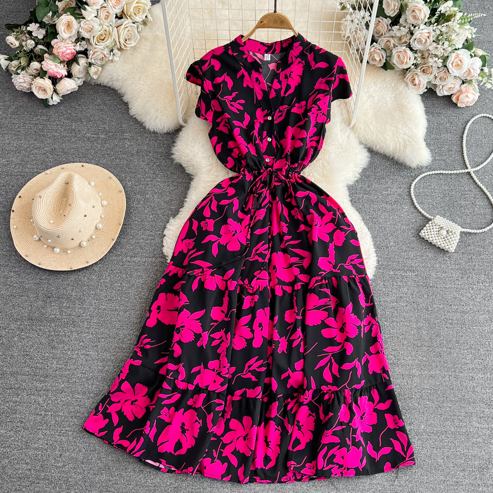 High end feeling, light luxury temperament, flying sleeves, V-neck, waist cinching, slimming effect, A-line ruffle print dress, elegant long skirt High end feeling, light luxury temperament, flying sleeves, V-neck, waist cinching, slimming effect, A-line ruffle print dress, elegant long skirt