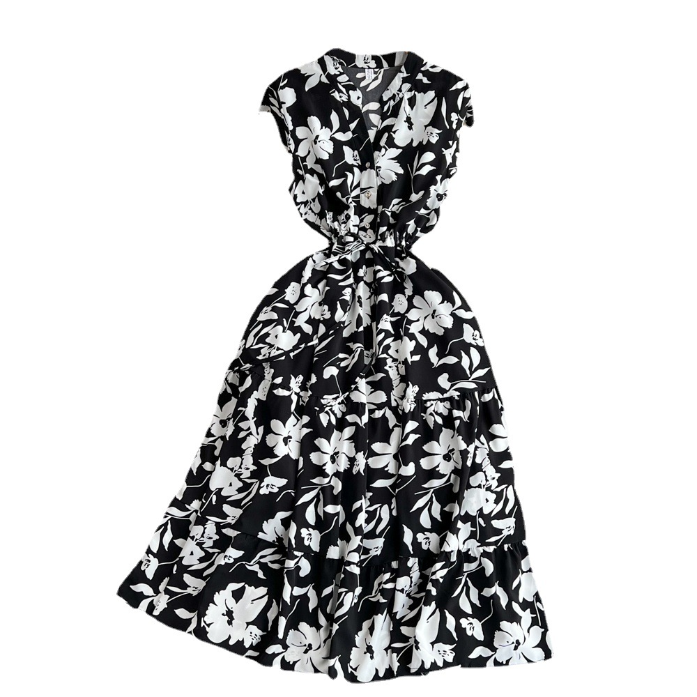 High end feeling, light luxury temperament, flying sleeves, V-neck, waist cinching, slimming effect, A-line ruffle print dress, elegant long skirt High end feeling, light luxury temperament, flying sleeves, V-neck, waist cinching, slimming effect, A-line ruffle print dress, elegant long skirt