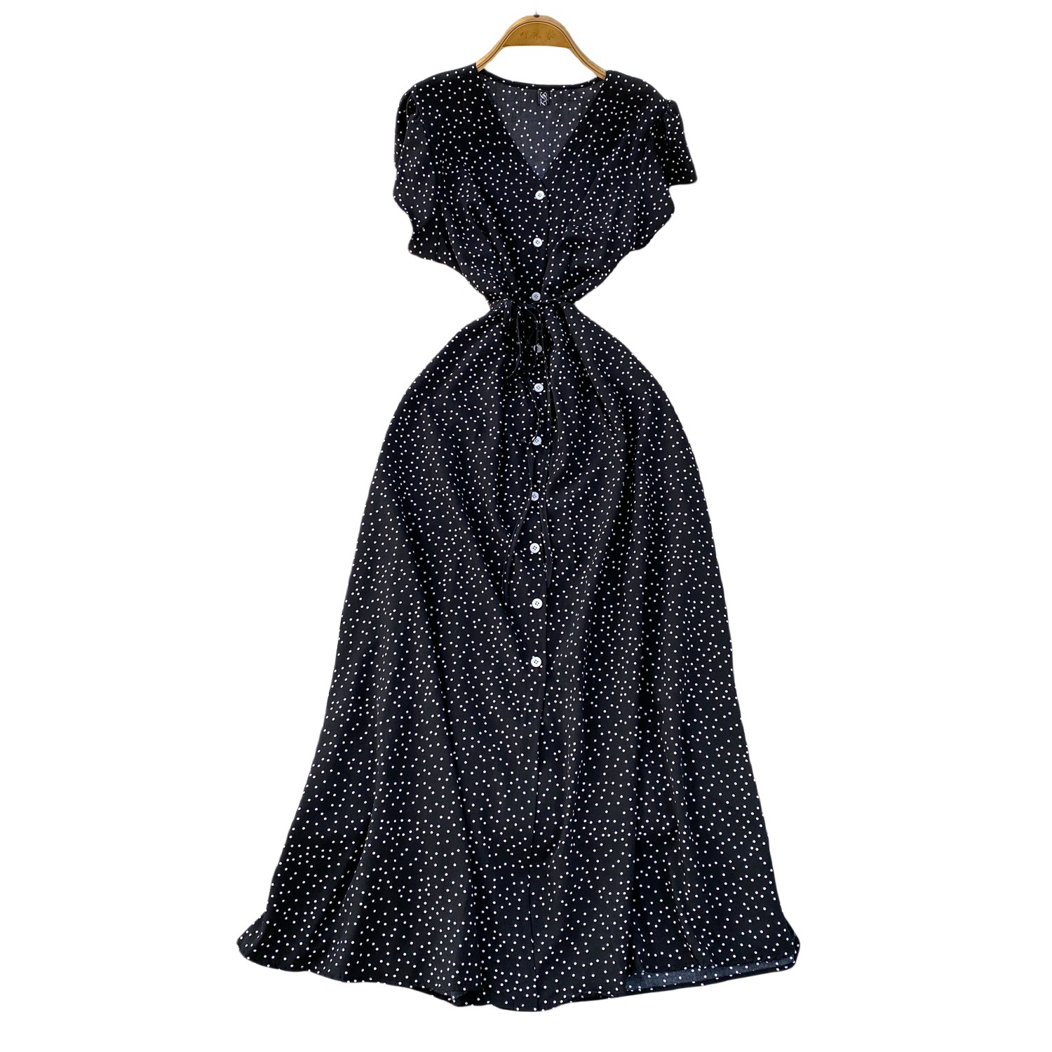 French red polka dot V-neck short sleeved dress for women in summer, with a single breasted buckle and tied waist for slimming effect. A-line medium length skirt French red polka dot V-neck short sleeved dress for women in summer, with a single breasted buckle and tied waist for slimming effect. A-line medium length skirt