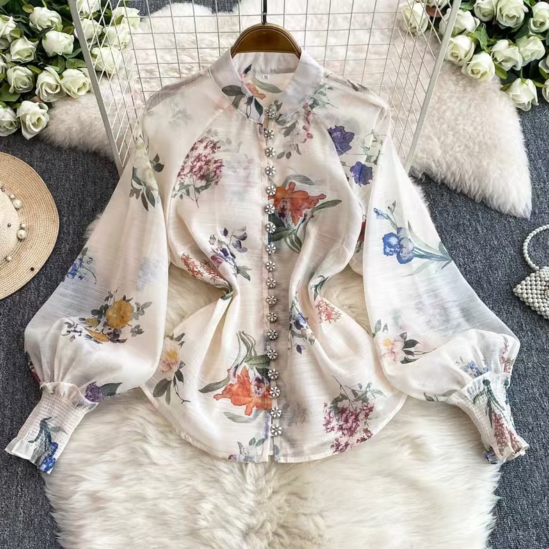 Early spring new high-end retro printed gentle style lantern sleeve shirt chiffon printed mid length skirt two-piece set Early spring new high-end retro printed gentle style lantern sleeve shirt chiffon printed mid length skirt two-piece set