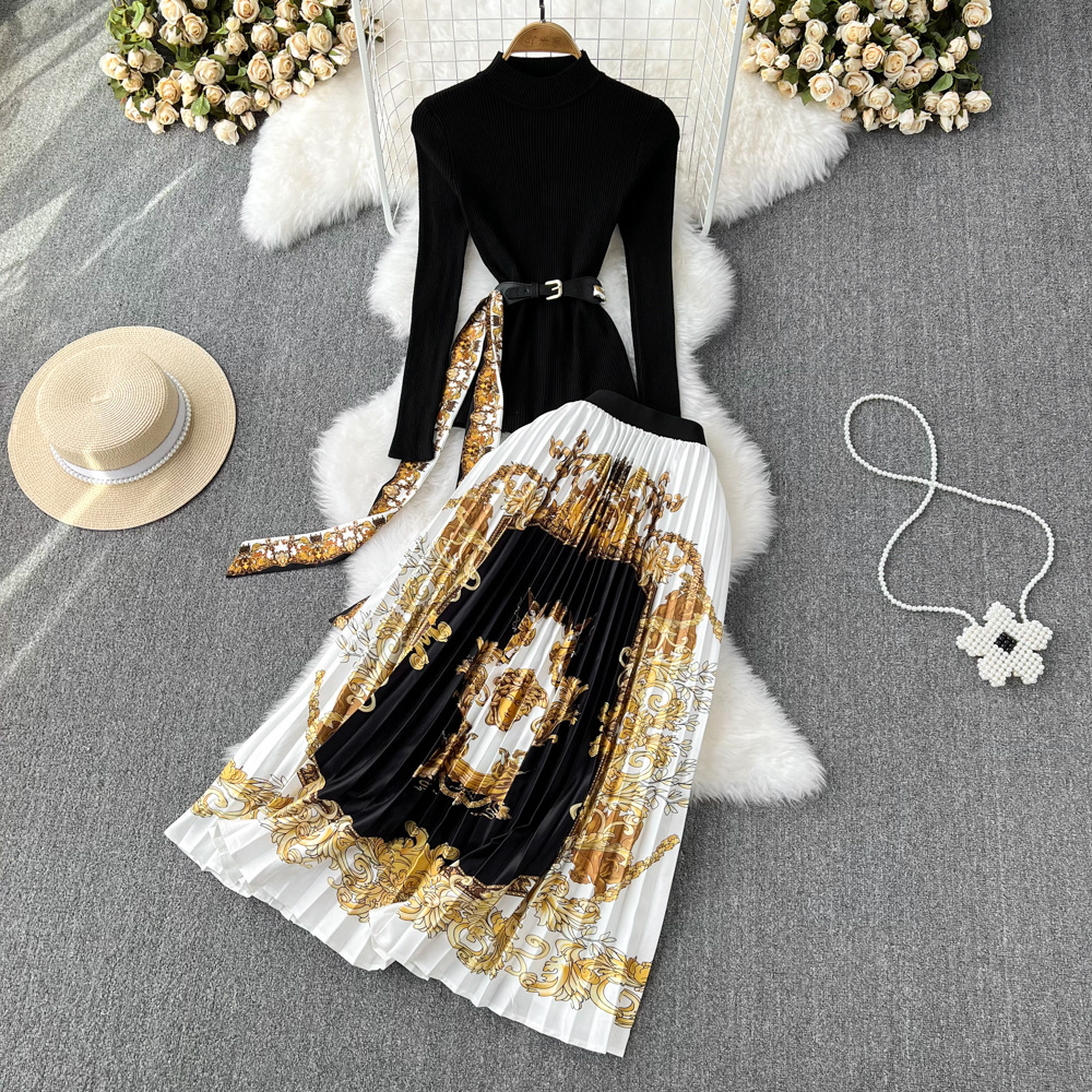 Fashion set, women's stand up collar, slim fit and slimming knit top, two-piece set, high waist, Baroque printed pleated skirt Fashion set, women's stand up collar, slim fit and slimming knit top, two-piece set, high waist, Baroque printed pleated skirt