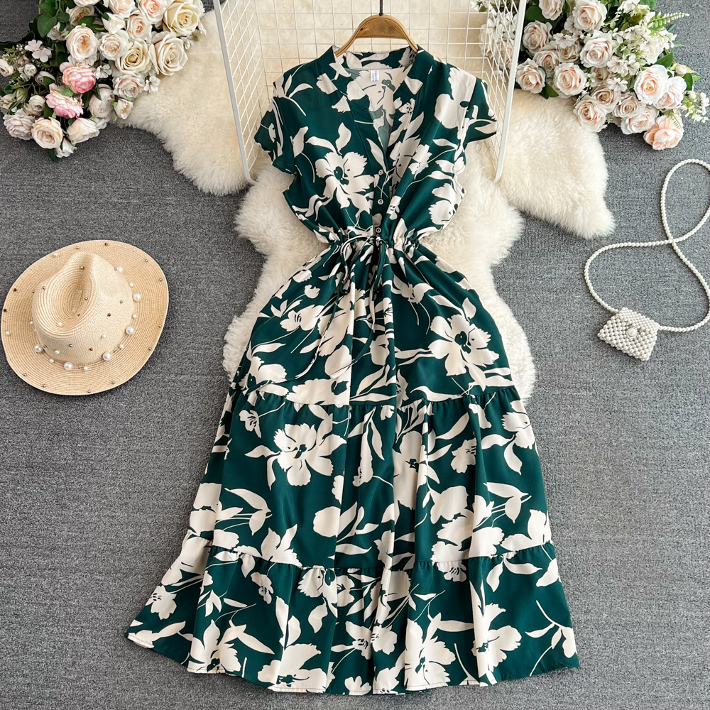 High end feeling, light luxury temperament, flying sleeves, V-neck, waist cinching, slimming effect, A-line ruffle print dress, elegant long skirt High end feeling, light luxury temperament, flying sleeves, V-neck, waist cinching, slimming effect, A-line ruffle print dress, elegant long skirt
