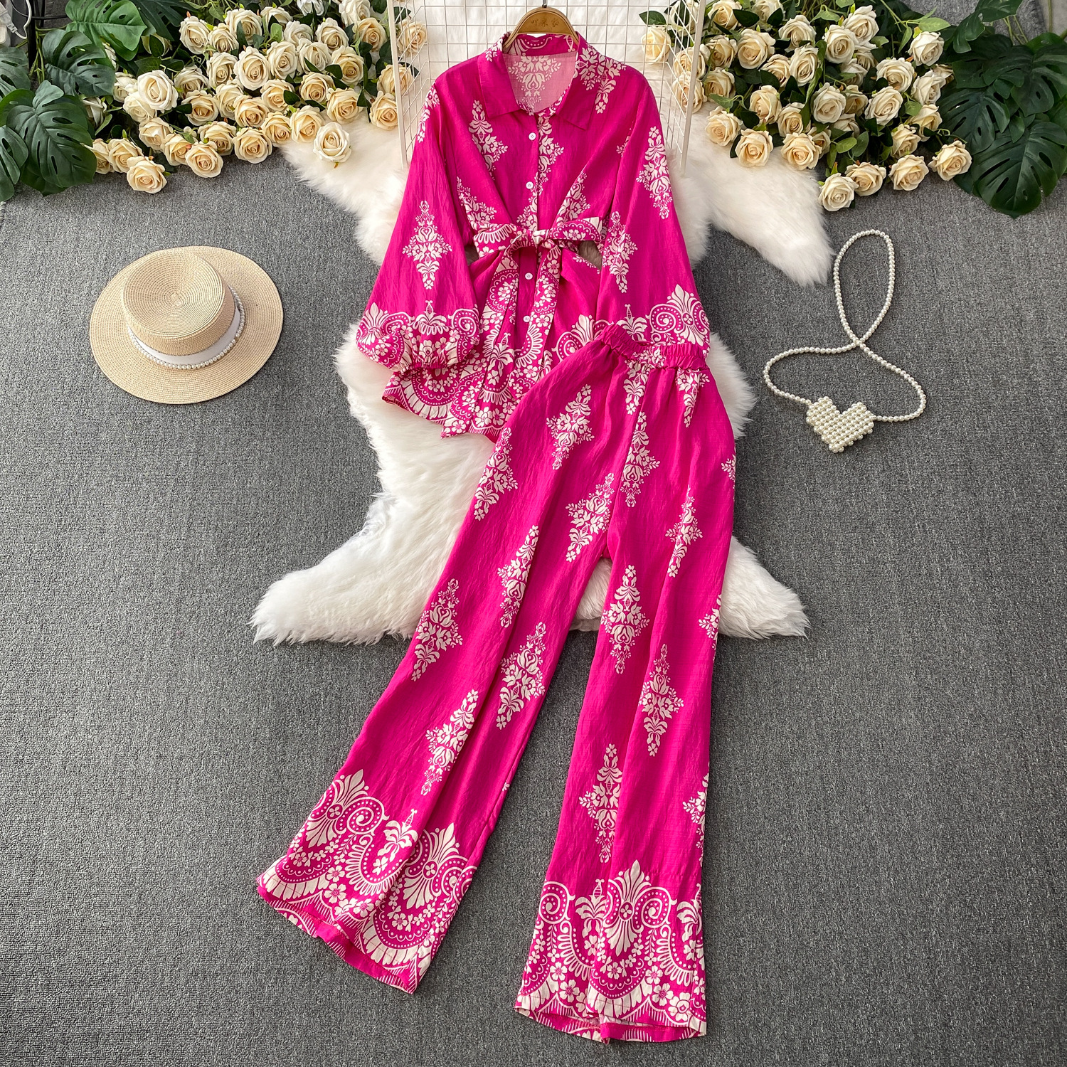 Gentle style pink printed lantern sleeves sun protection shirt with a lapel and waist cinching top+high waist slimming wide leg pants set