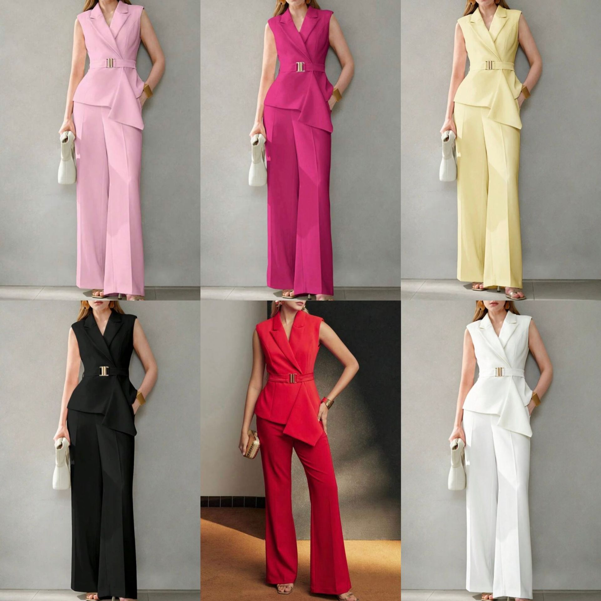 European and American Amazon Cross border Foreign Trade Women's Clothing Commuting Style Fashion Belt Collar Vest Pants Set Two Piece Set for Women