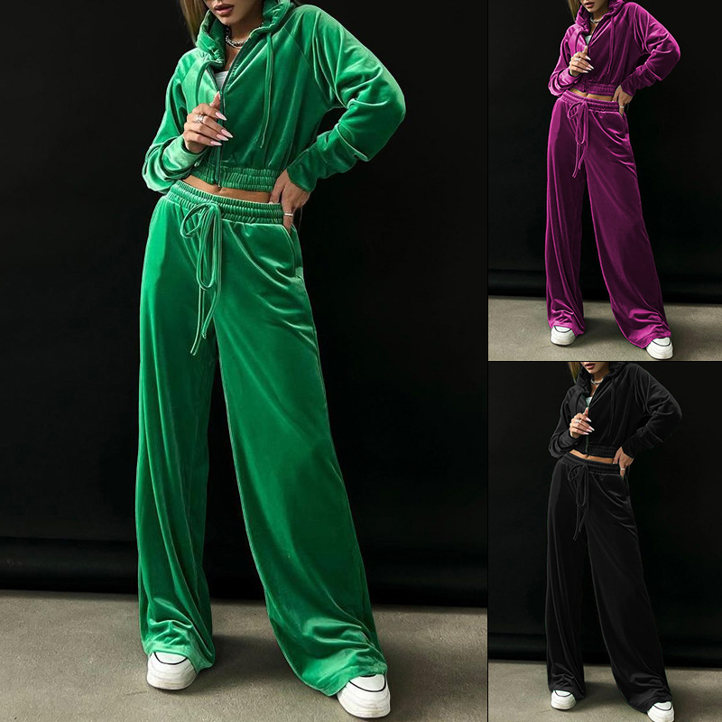 FD1141 in stock 2025 autumn and winter new women's fashionable hooded sweatshirt gold velvet sports casual pants set