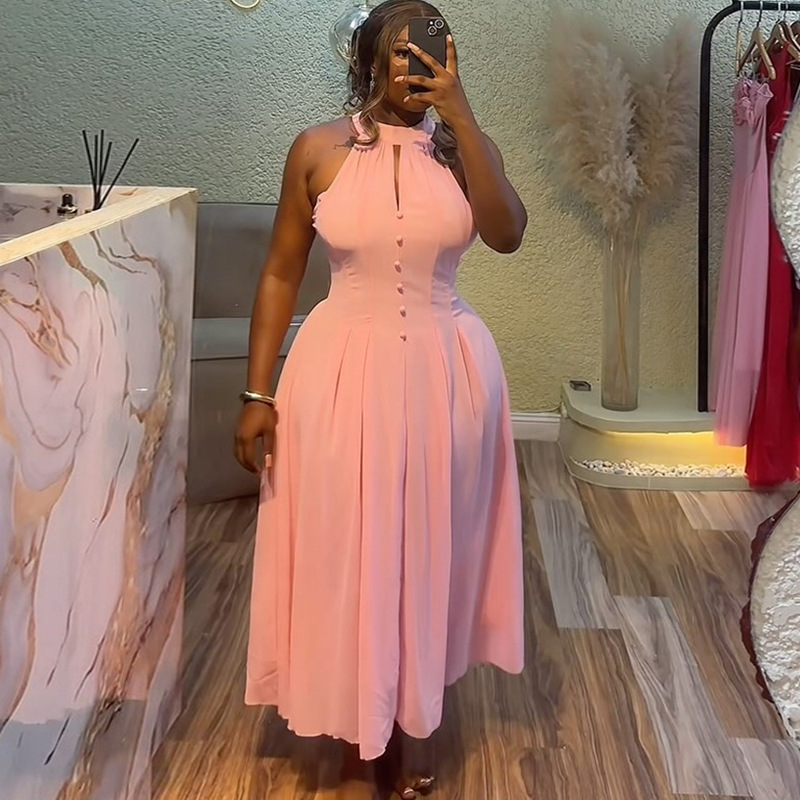 European and American cross-border women's clothing 2025 summer new style temperament hanging neck sleeveless waist slimming pink mid length dress