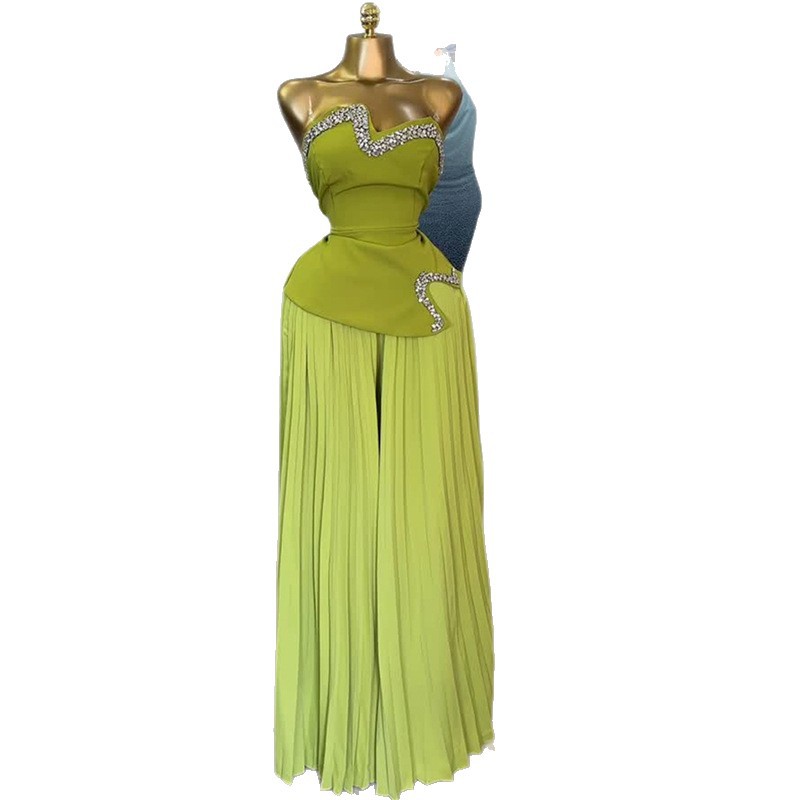 European and American cross-border women's clothing 2025 summer new heavy industry strapless and diamond studded irregular top, pleated wide leg pants set European and American cross-border women's clothing 2025 summer new heavy industry strapless and diamond studded irregular top, pleated wide leg pants set