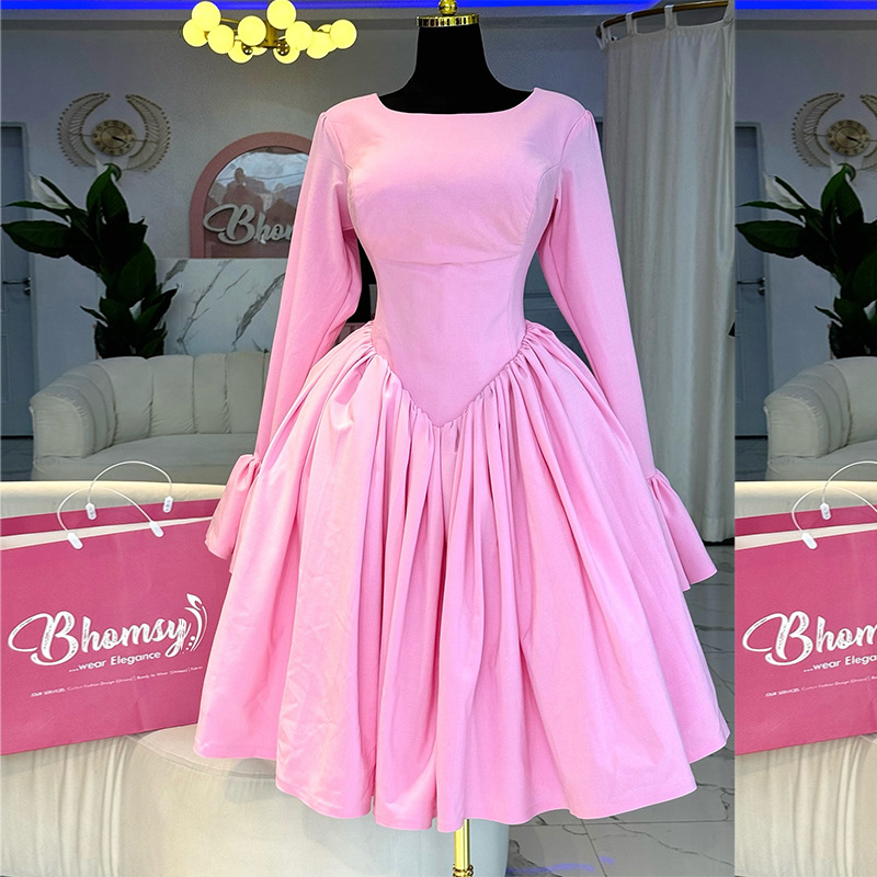 European and American women's clothing 2025 spring new style elegant round neck long sleeved strap tied high waisted A-line dress