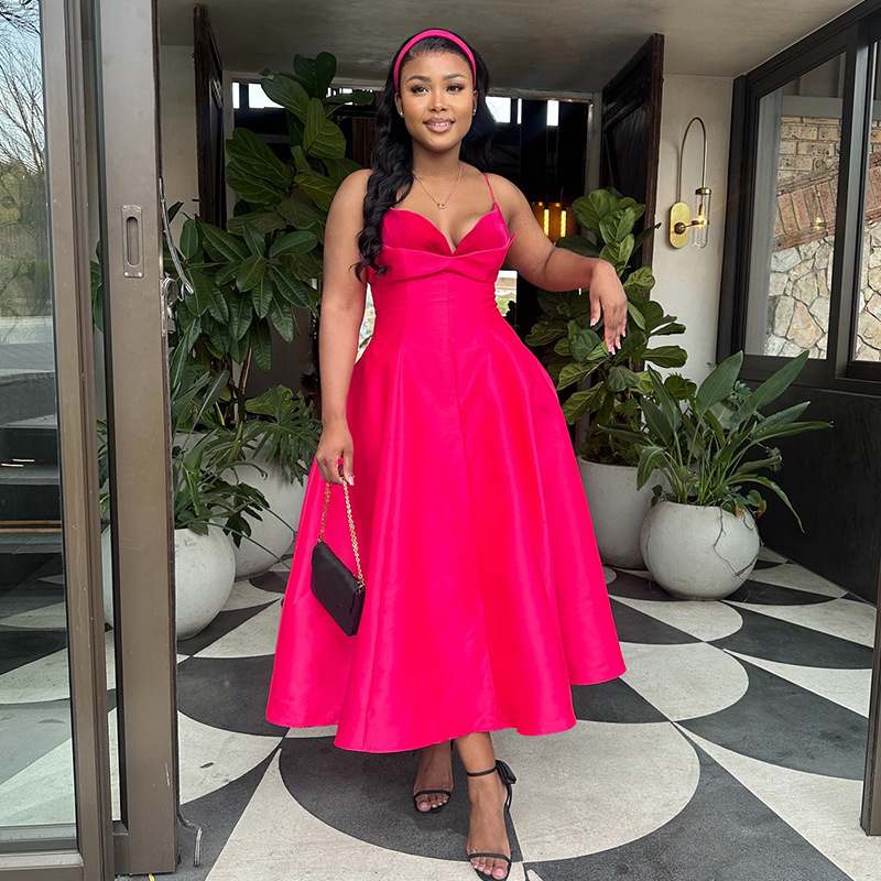 Amazon Rose Red Strap Dress European and American Women's Wear 2025 New Sexy High Waist A-line Medium length Dress Amazon Rose Red Strap Dress European and American Women's Wear 2025 New Sexy High Waist A-line Medium length Dress