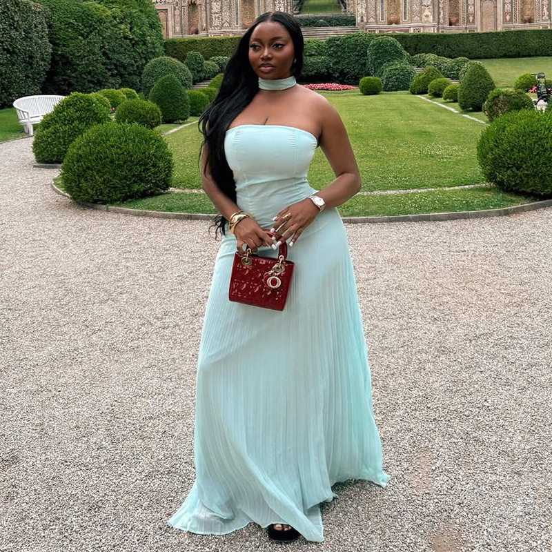 European and American cross-border women's clothing 2025 summer new style temperament hanging neck strapless green dress banquet long dress dress