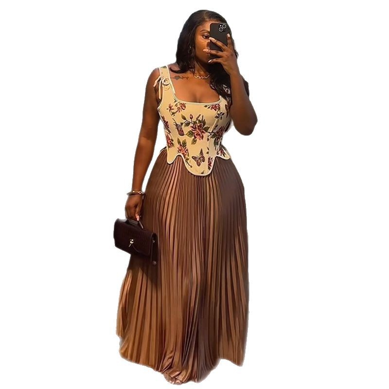 European and American women's clothing 2025 summer new sweet and fresh printed waist collection vest high waist half body pleated skirt two-piece set European and American women's clothing 2025 summer new sweet and fresh printed waist collection vest high waist half body pleated skirt two-piece set