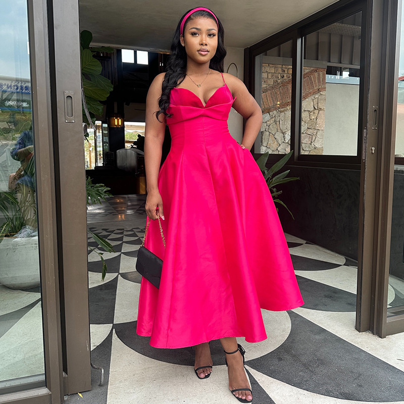 Amazon Rose Red Strap Dress European and American Women's Wear 2025 New Sexy High Waist A-line Medium length Dress Amazon Rose Red Strap Dress European and American Women's Wear 2025 New Sexy High Waist A-line Medium length Dress