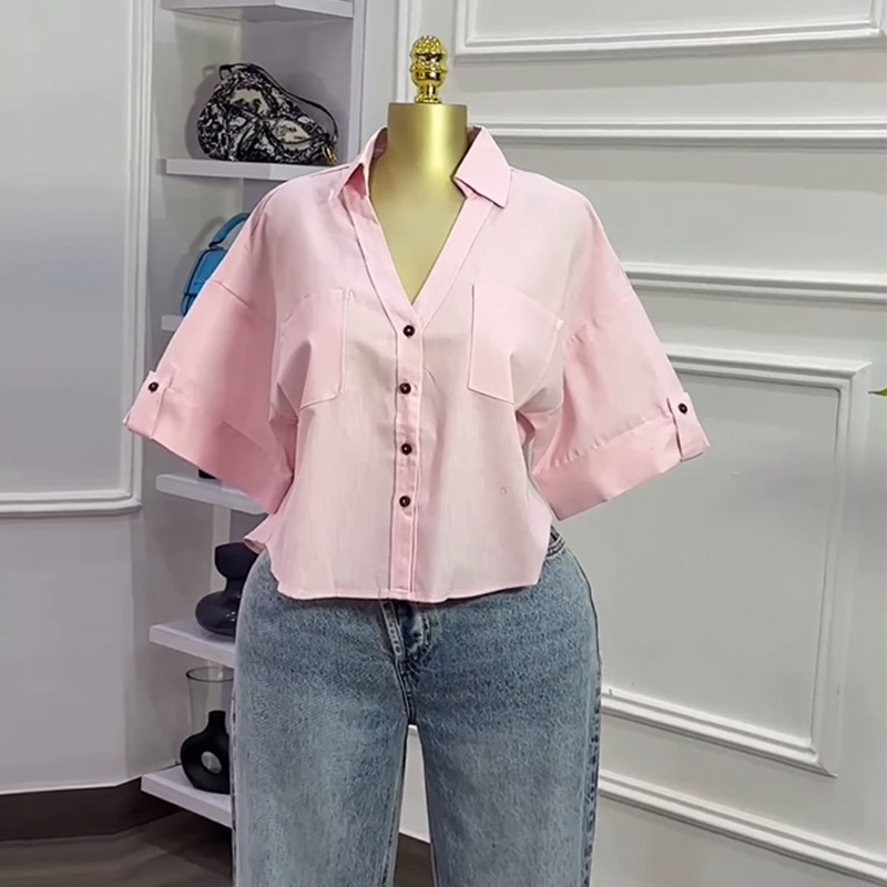 European and American Cross border Women's Clothing 2025 Autumn New Design Sense Flip Collar Loose and Versatile Fashion Short Shirt Top