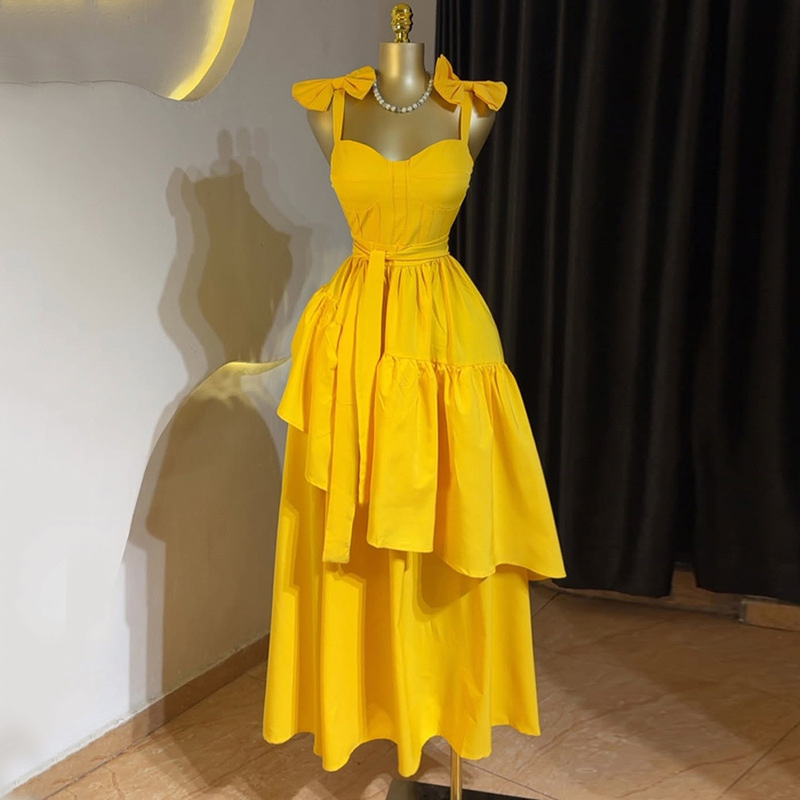 European and American cross-border women's clothing 2025 summer new style temperament bow high waist irregular mid length suspender dress