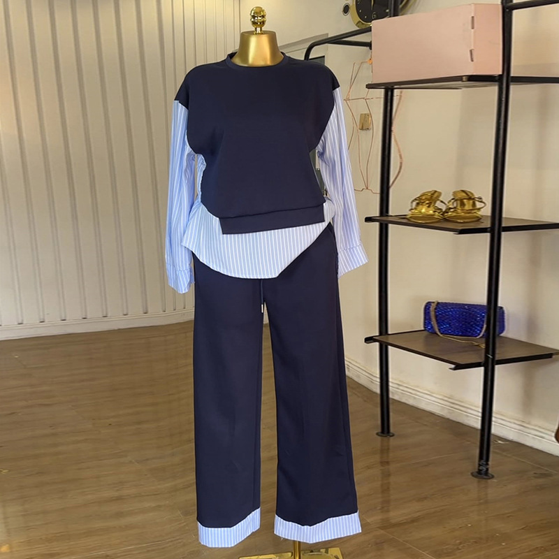 European and American Cross border Women's Clothing 2025 Summer New Fashion Round Neck Splicing Striped Top High Waist Pants Casual Set European and American Cross border Women's Clothing 2025 Summer New Fashion Round Neck Splicing Striped Top High Waist Pants Casual Set