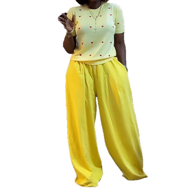 European and American Cross border Women's Clothing 2025 Summer New Sweet and Fashionable Round Neck Love Short Sleeve Top Wide Leg Pants Set European and American Cross border Women's Clothing 2025 Summer New Sweet and Fashionable Round Neck Love Short Sleeve Top Wide Leg Pants Set