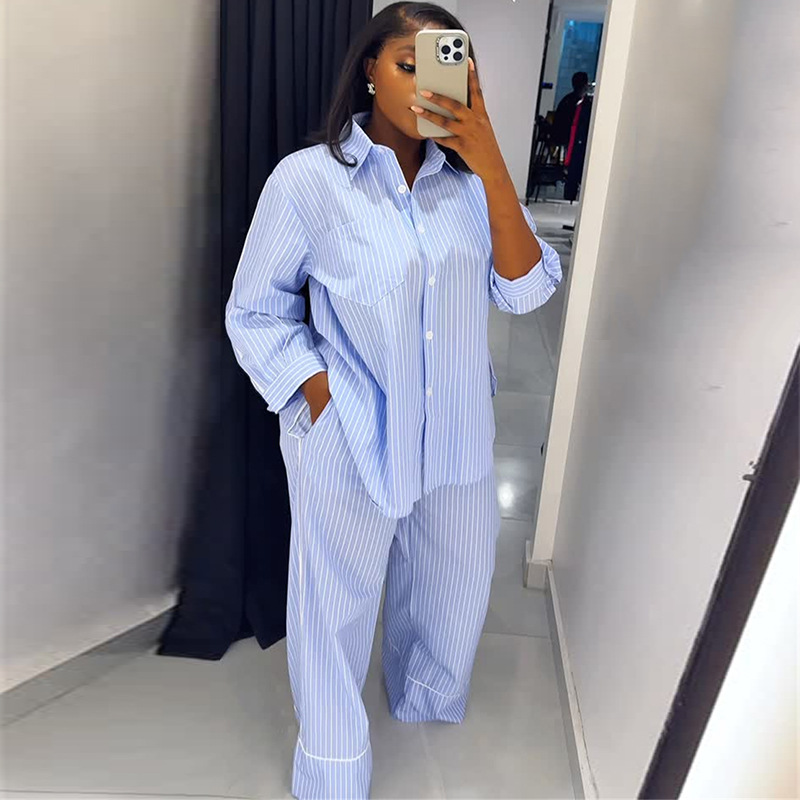European and American cross-border women's clothing 2025 summer new blue striped loose long sleeved shirt wide leg pants casual set