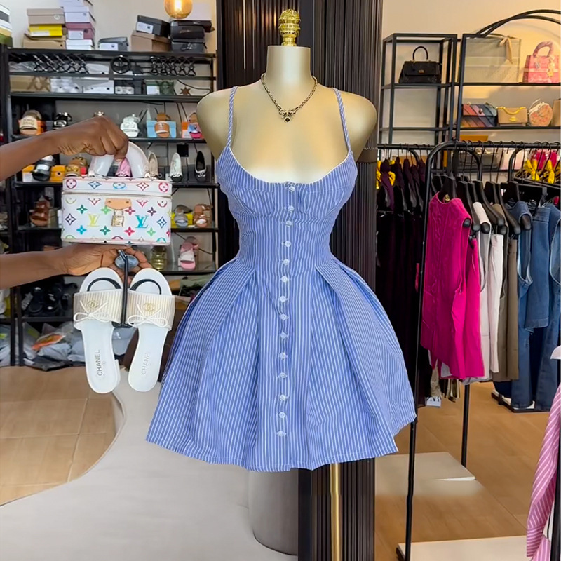 European and American Cross border Women's Clothing 2025 Summer New Fashion Style Blue Stripe A-line Irregular Strap Dress