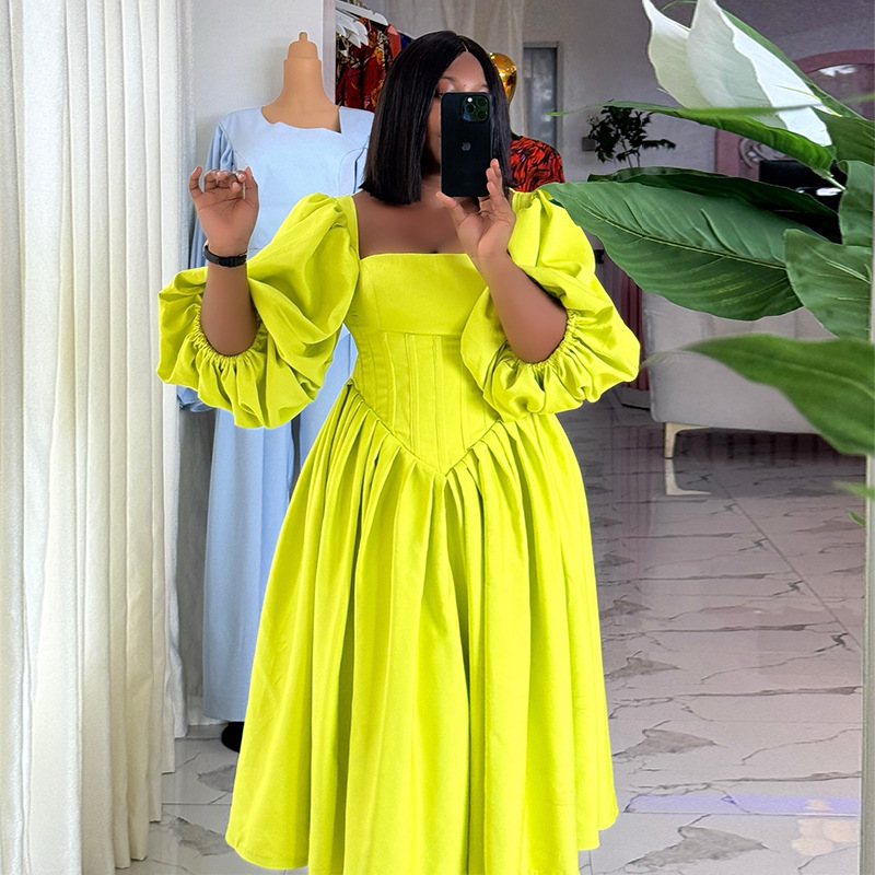 European and American women's clothing 2025 spring new sweet and fresh square collar lantern sleeves high waist slimming A-line dress long skirt