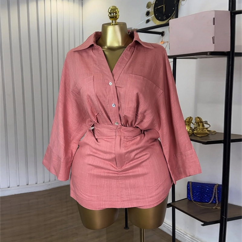 European and American women's clothing 2025 summer new sweet and fresh collar bat sleeve shirt high waist half body pants skirt two-piece set European and American women's clothing 2025 summer new sweet and fresh collar bat sleeve shirt high waist half body pants skirt two-piece set