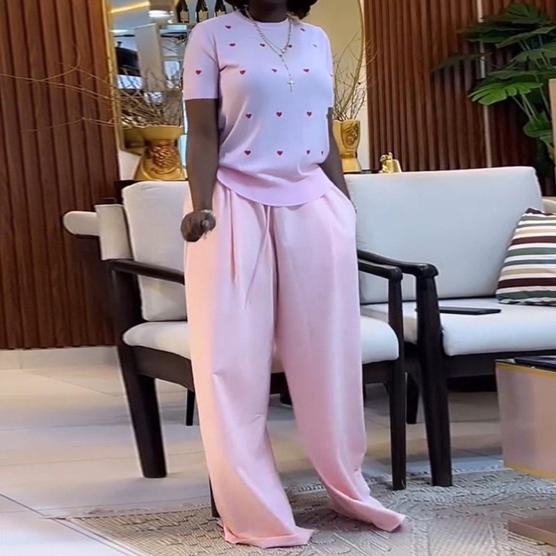 European and American Cross border Women's Clothing 2025 Summer New Sweet and Fashionable Round Neck Love Short Sleeve Top Wide Leg Pants Set European and American Cross border Women's Clothing 2025 Summer New Sweet and Fashionable Round Neck Love Short Sleeve Top Wide Leg Pants Set