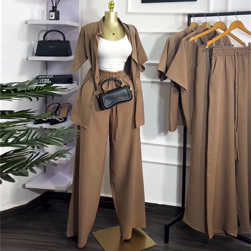 European and American cross-border women's clothing 2025 summer new casual lapel loose short sleeved shirt wide leg pants fashion set