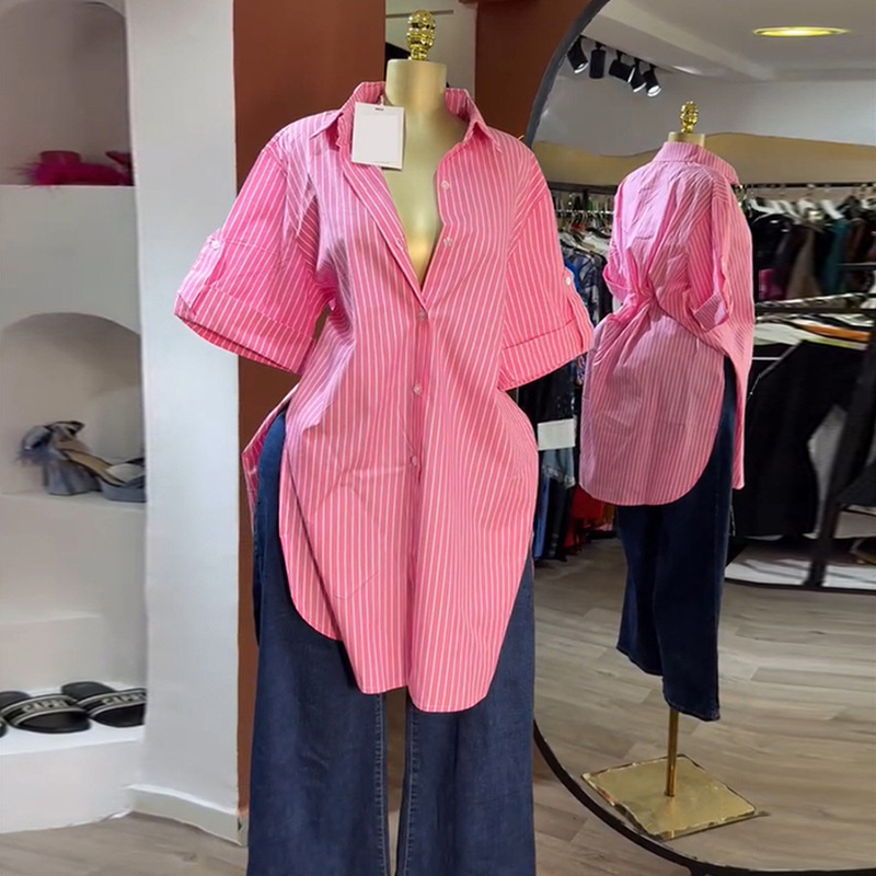 European and American Cross border Women's Wear 2025 Autumn New Style Fashion Collar Single breasted Striped Short Sleeve Medium length Shirt Top