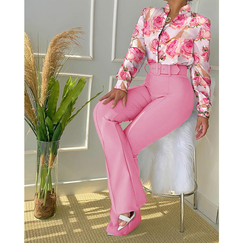 2024 Spring New European and American Cross border Leisure Set Printed Stand up Collar Long Sleeve Shirt Top Wide Leg Pants Two Piece Set 2024 Spring New European and American Cross border Leisure Set Printed Stand up Collar Long Sleeve Shirt Top Wide Leg Pants Two Piece Set