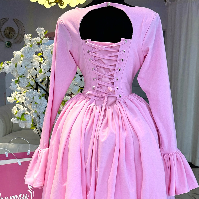 European and American women's clothing 2025 spring new style elegant round neck long sleeved strap tied high waisted A-line dress European and American women's clothing 2025 spring new style elegant round neck long sleeved strap tied high waisted A-line dress