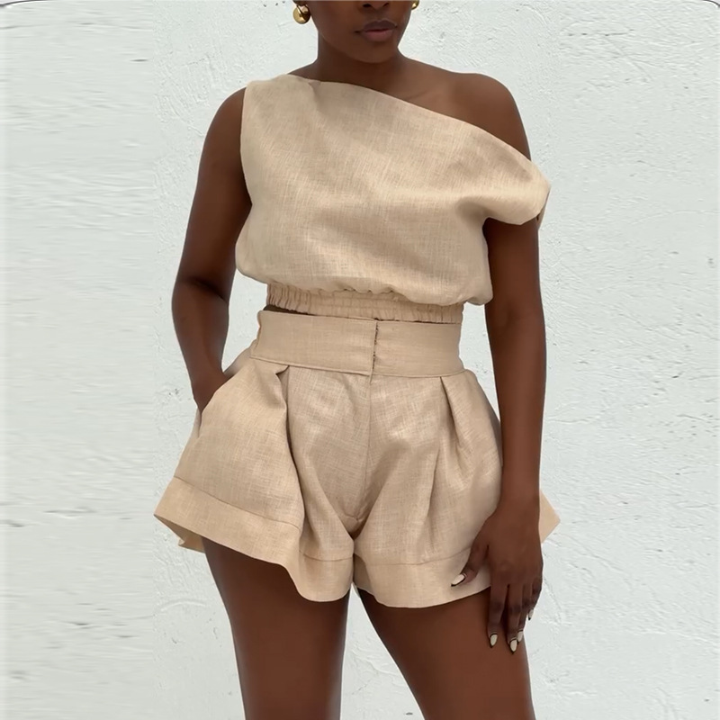 European and American women's clothing 2025 summer new sweet and fresh one neck off shoulder shirt high waist wide leg shorts two-piece set European and American women's clothing 2025 summer new sweet and fresh one neck off shoulder shirt high waist wide leg shorts two-piece set