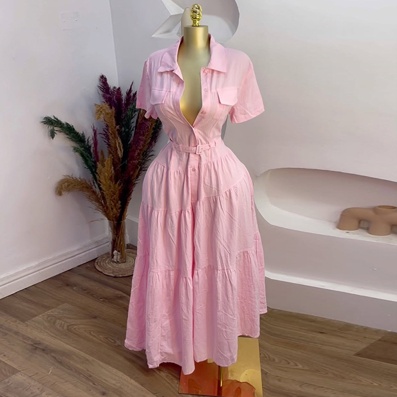 European and American Cross border Women's Clothing 2025 Summer New Style Fashion Collar Short Sleeve Buckle Belt A-line Shirt Dress European and American Cross border Women's Clothing 2025 Summer New Style Fashion Collar Short Sleeve Buckle Belt A-line Shirt Dress