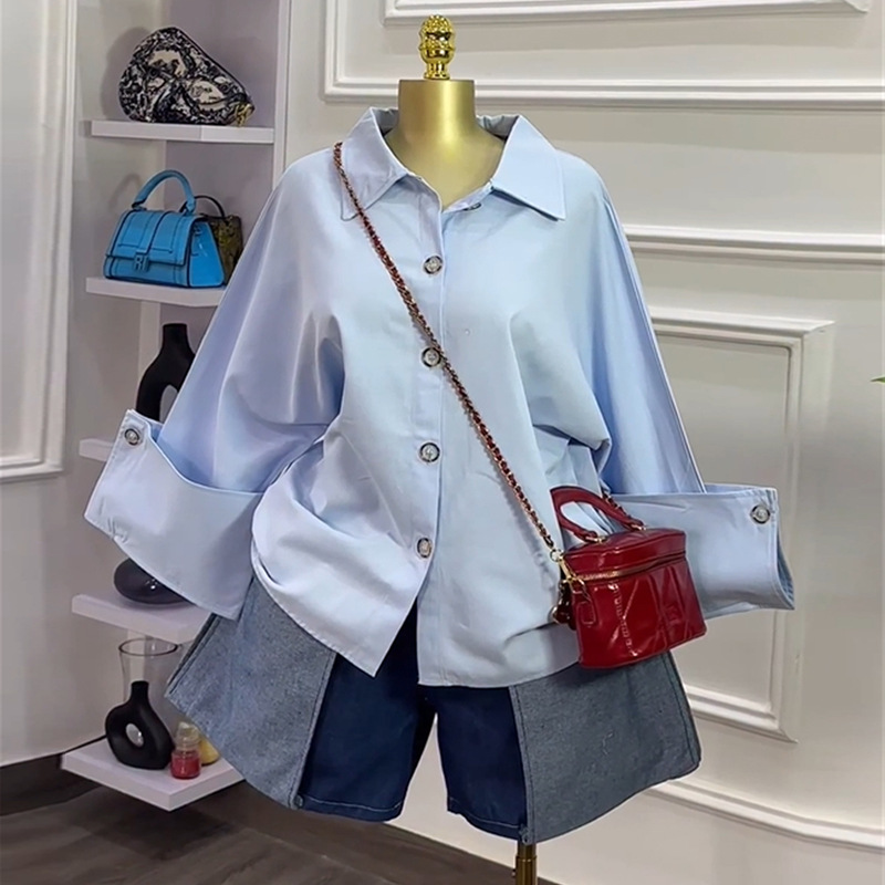 European and American Cross border Women's Clothing 2025 Autumn New Style Fashionable and High end Sense Flip Collar Loose Blue Long sleeved Shirt Top