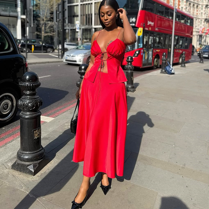 European and American Cross border Women's Clothing 2025 Summer New Fashion Sexy Strap Top High Waist Skirt Set European and American Cross border Women's Clothing 2025 Summer New Fashion Sexy Strap Top High Waist Skirt Set