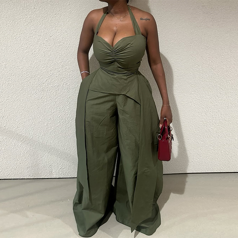 European and American cross-border women's clothing 2025 summer sexy hanging neck V-neck irregular sleeveless high waisted ribbon jumpsuit pants