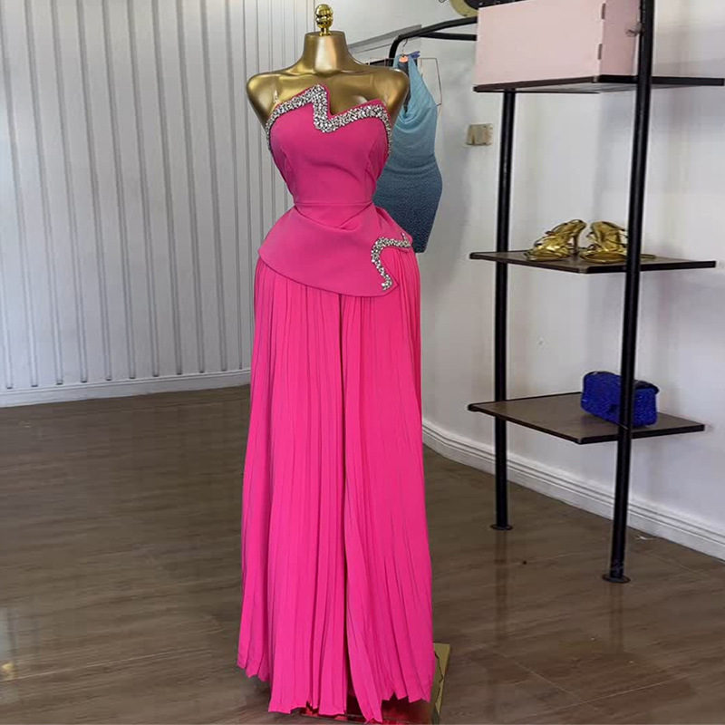 European and American cross-border women's clothing 2025 summer new heavy industry strapless and diamond studded irregular top, pleated wide leg pants set European and American cross-border women's clothing 2025 summer new heavy industry strapless and diamond studded irregular top, pleated wide leg pants set