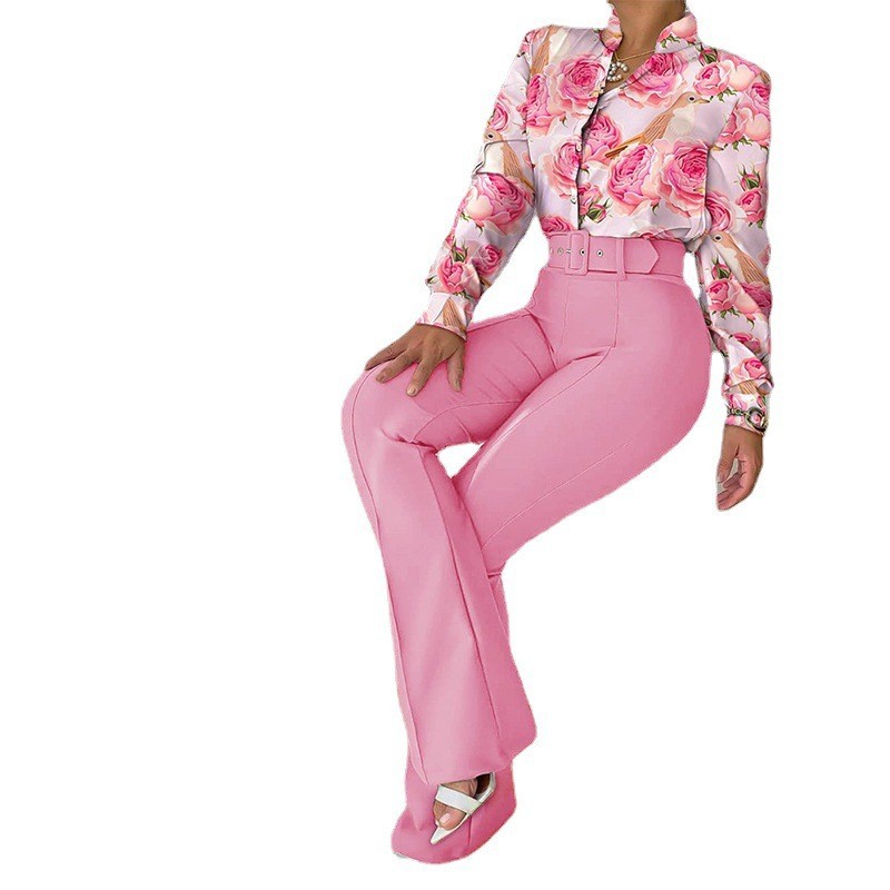 2024 Spring New European and American Cross border Leisure Set Printed Stand up Collar Long Sleeve Shirt Top Wide Leg Pants Two Piece Set 2024 Spring New European and American Cross border Leisure Set Printed Stand up Collar Long Sleeve Shirt Top Wide Leg Pants Two Piece Set