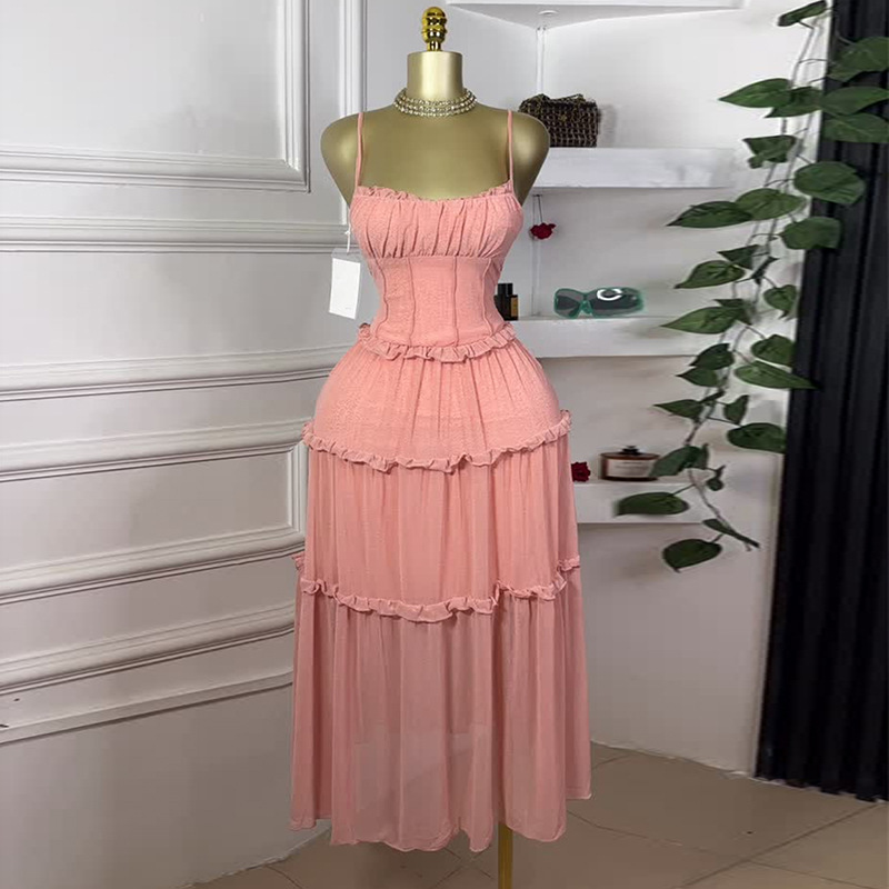 European and American Cross border Women's Clothing 2025 Summer New Style Vacation Style Waist Collection Ear Ear Edge Large Swing Skirt Strap Dress European and American Cross border Women's Clothing 2025 Summer New Style Vacation Style Waist Collection Ear Ear Edge Large Swing Skirt Strap Dress