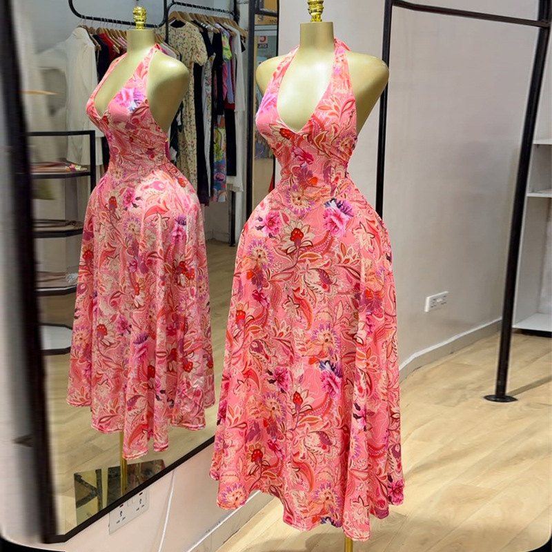 European and American cross-border women's clothing 2025 summer new style temperament V-neck hanging neck printed high waist mid length suspender dress