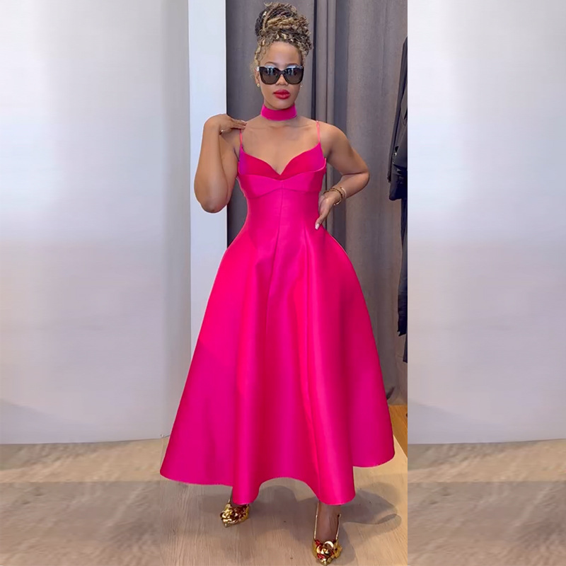 European and American women's clothing 2024 autumn new style elegant camisole V-neck high waist slimming A-line dress long skirt European and American women's clothing 2024 autumn new style elegant camisole V-neck high waist slimming A-line dress long skirt