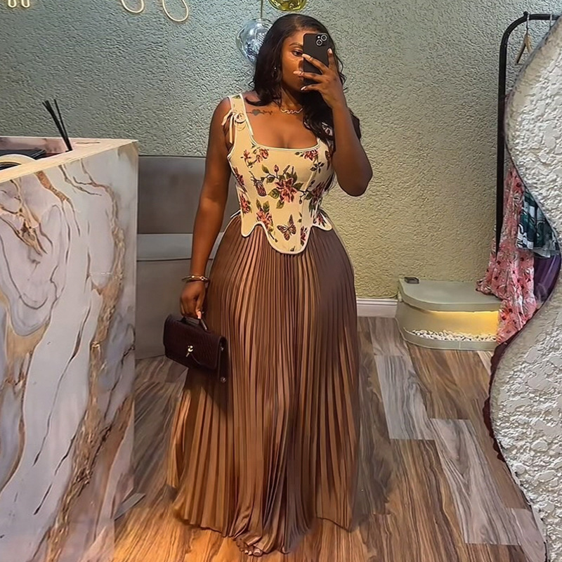 European and American women's clothing 2025 summer new sweet and fresh printed waist collection vest high waist half body pleated skirt two-piece set European and American women's clothing 2025 summer new sweet and fresh printed waist collection vest high waist half body pleated skirt two-piece set