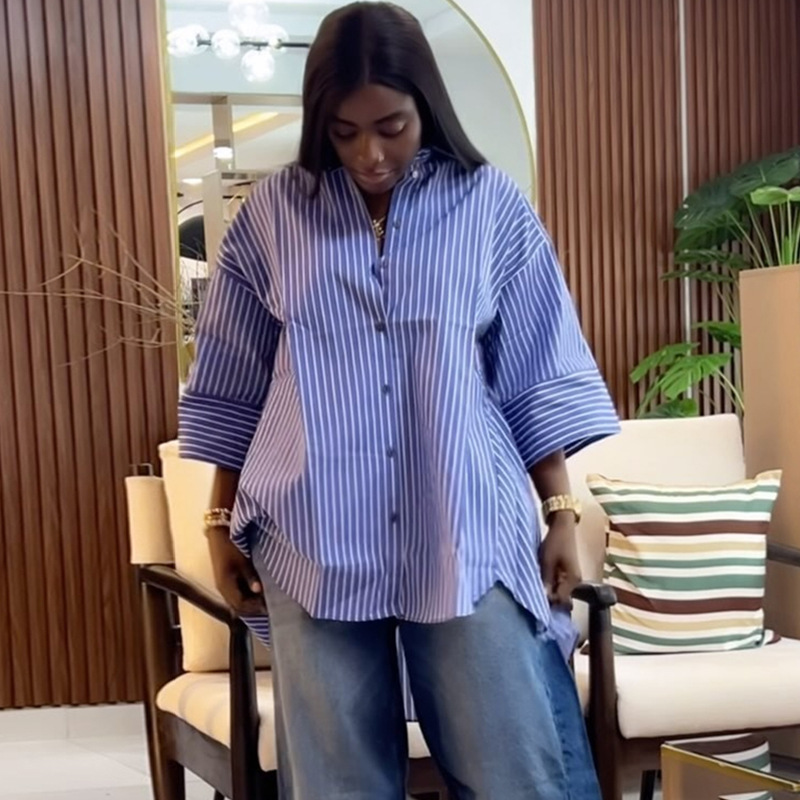 European and American cross-border women's clothing 2025 summer new fashion blue striped long sleeved shirt loose slimming long sleeved top