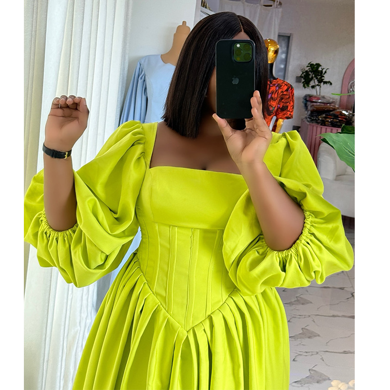 European and American women's clothing 2025 spring new sweet and fresh square collar lantern sleeves high waist slimming A-line dress long skirt European and American women's clothing 2025 spring new sweet and fresh square collar lantern sleeves high waist slimming A-line dress long skirt