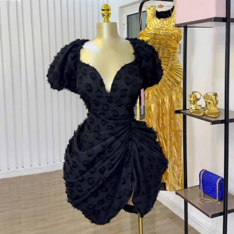 European and American Cross border Women's Clothing 2025 Spring/Summer New Style Sexy V-neck Bubble Sleeve High Waist Slimming Drawn Short Dress