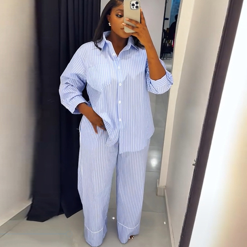 European and American cross-border women's clothing 2025 summer new blue striped loose long sleeved shirt wide leg pants casual set European and American cross-border women's clothing 2025 summer new blue striped loose long sleeved shirt wide leg pants casual set
