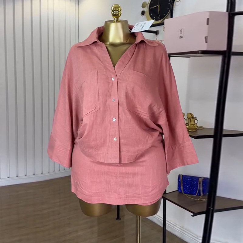 European and American women's clothing 2025 summer new sweet and fresh collar bat sleeve shirt high waist half body pants skirt two-piece set European and American women's clothing 2025 summer new sweet and fresh collar bat sleeve shirt high waist half body pants skirt two-piece set