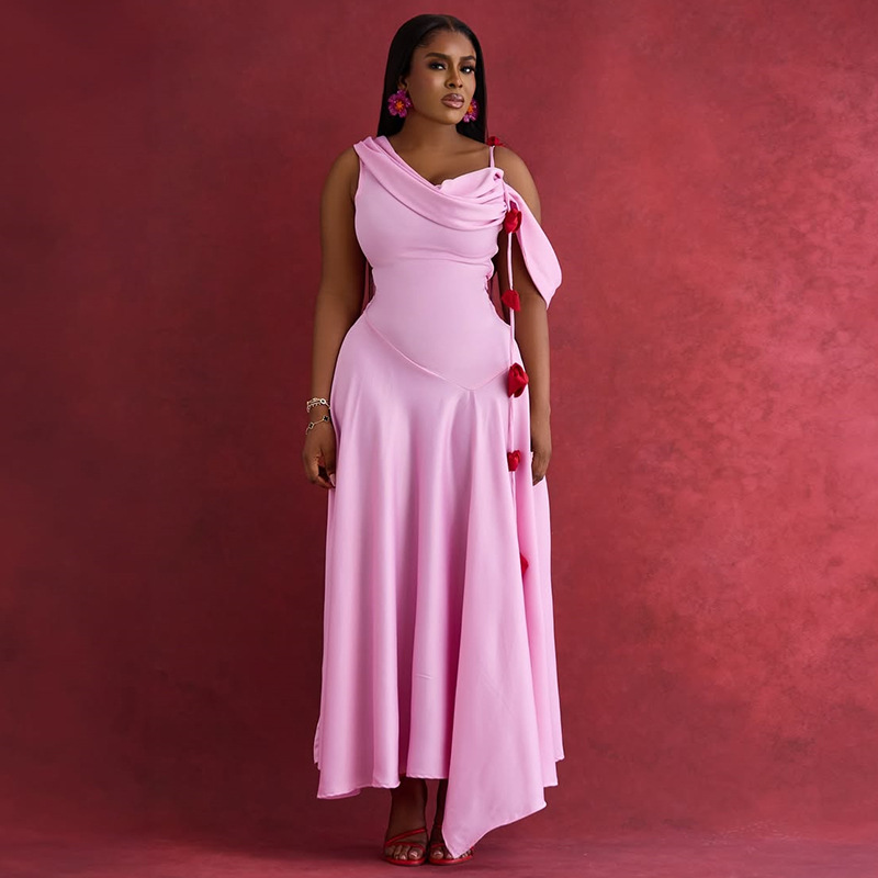 European and American cross-border women's clothing 2025 summer new style temperament design sense off shoulder mid length slim fit suspender dress