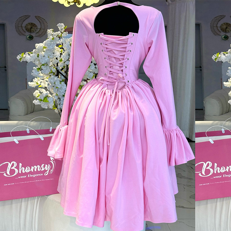 European and American women's clothing 2025 spring new style elegant round neck long sleeved strap tied high waisted A-line dress European and American women's clothing 2025 spring new style elegant round neck long sleeved strap tied high waisted A-line dress