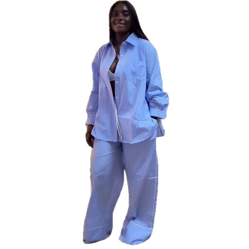 European and American Cross border African Women's Clothing 2025 Summer New Fashion Collar Loose Striped Shirt Wide Leg Pants Set European and American Cross border African Women's Clothing 2025 Summer New Fashion Collar Loose Striped Shirt Wide Leg Pants Set