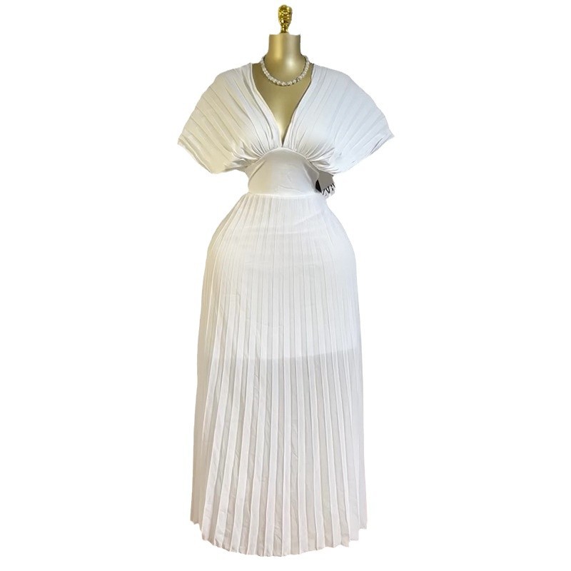 European and American women's clothing 2025 spring new style elegant temperament pleated V-neck bat sleeves high waisted A-line dress long skirt European and American women's clothing 2025 spring new style elegant temperament pleated V-neck bat sleeves high waisted A-line dress long skirt